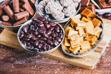 Assortment of delicious chocolate candies background. Chocolate candy isolated 