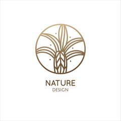 Tropical plant logo. Abstract outline round emblem of leaves, palm leaf. Linear style. Vector abstract badge for design of natural product, flower shop, cosmetics, ecology concepts, health, spa, yoga