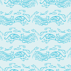 Seamless background of decorative drawn sea waves and fishes