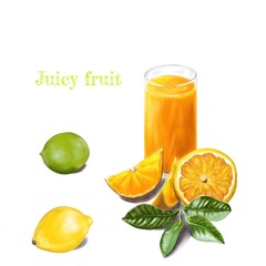 A glass of orange juice and citrus fruits. Pastel illustration