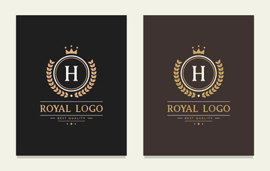 Letter H Luxury Royal style Logo template. Beautiful Laurel Wreath Alphabet Monogram. Vector Emblem for Brand Name, Royalty, Restaurant, Boutique, Hotel, Heraldic, Jewelry, Label.