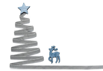 Christmas tree made of ribbon with a star on a white background. Place for your text.
