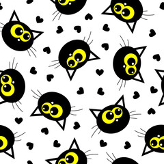 Cute black cat face and hearts cartoon seamless pattern. Vector illustration.