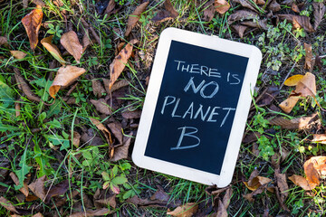 There is no planet B. Blackboard on grass with message. A more sustainable enviroment for a better...