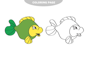 Simple coloring page. Drawing worksheet for preschool kids with easy gaming level - Fish. Color and black and white version