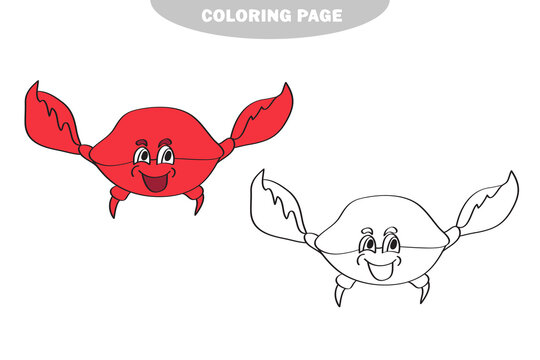 Simple coloring page. Vector illustration of Cartoon crab - Coloring book on white. Color and black and white version