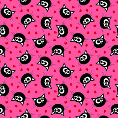 Cute black cat face and red hearts cartoon seamless pattern. Vector illustration.