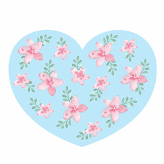 Abstract blue heart with flowers,
 watercolor illustration