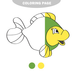 Simple coloring page. Drawing worksheet for preschool kids with easy gaming level - Fish. Half painted picture with color samples