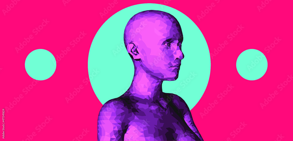 Poster 3D low poly wireframe model of a human head. Concept for Machine Learning, Artificial intelligence and Neural Networks themes.