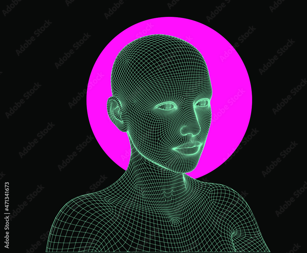Poster 3D low poly wireframe model of a human head. Concept for Machine Learning, Artificial intelligence and Neural Networks themes.