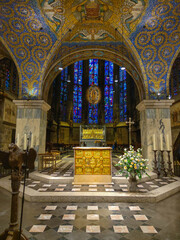 AACHEN, GERMANY, November 11th 2021. Golden altar (Pala d'Oro) and Charlemagne's shrine in glass chapel at the Charlemagne Palatine Chapel at Aachener Dom cathedral church.

