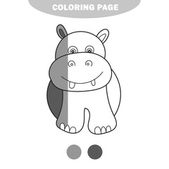 Simple coloring page. Coloring book for kids with funny hippopotamus. Half painted picture with color samples