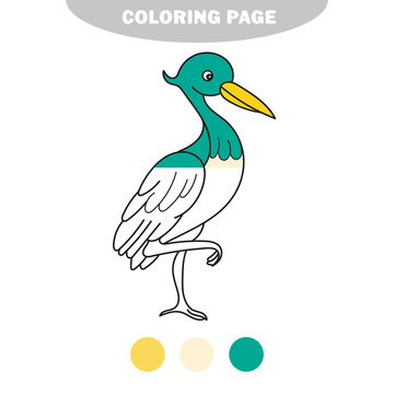 Simple coloring page. Cute funny cartoon style coloring bird illustration. Stork, heron. Half painted picture with color samples