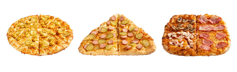 Three pizzas in the shape of a circle, triangle and square