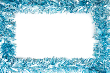 blue tinsel. Tinsel frame on a white background. Blank white template