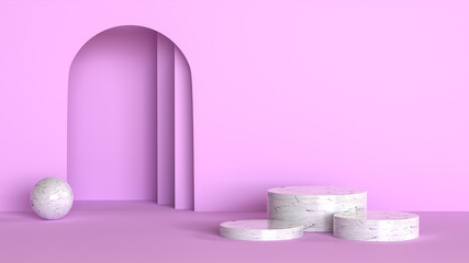 White marble cylinder podium abstract minimal scence on pink background display product showcase, stage platform presentation 3d rendering