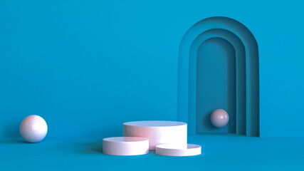 White marble cylinder podium abstract minimal scence on blue background display product showcase, stage platform presentation 3d rendering
