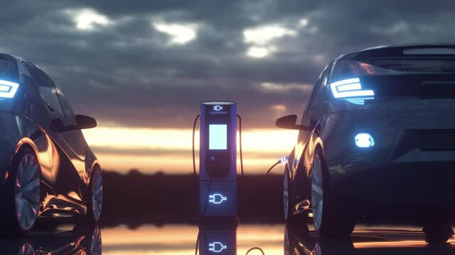 The car is parked at an electric charging station. Parking for electric vehicles