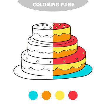 Simple coloring page. Coloring book with cake. Sketch on white. Vector for kids. Half painted picture with color samples