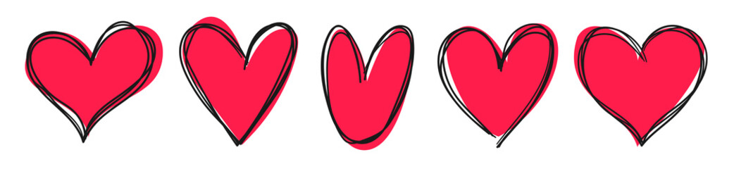 Red and black hearts vector set on hand drawn style.  Isolated hand-drawn heart symbols on white background. Hearts love and Valentine's day concept. Vector illustration.