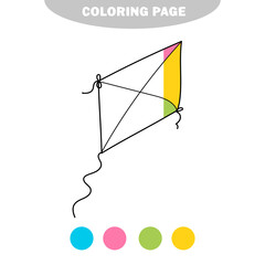 Simple coloring page. Cartoon kite toy. Coloring page for kids on white. Half painted picture with color samples