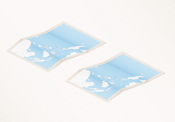 Two versions of a folded map of Palau with the flag of the country of Palau and with the red color highlighted.