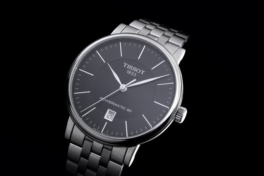 Tissot Hand Watch With Steel Bracelet On Black Background, Closeup