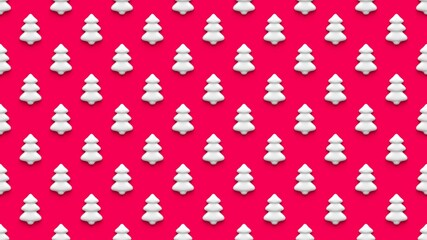 Seamless pattern of white cartoon Christmas trees on colorful red background. Merry Christmas and Happy New Year concept. 3d rendering