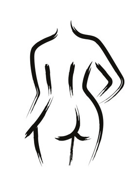 Minimalist Brush Stroke Art Of Woman Body. Curvy Girl Silhouette In Line Art Style. Nude Abstract Female Drawing. Modern Bohemian Vector Illustration For Print Or Design