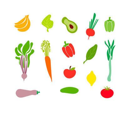 set of vegetables, doodle icons collection, colorful fruits and vegetables isolated.