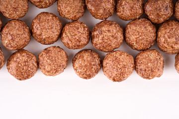 Variety of cold cereals, quick breakfast for kids overhead shot. Quick breakfast. Chocolate balls isolated on a white background. Rings isolated on a white background. 