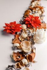 Christmas decor with red candles and poinsettia. Christmas greeting cards,  frame with winter plants, poinsettia, rowan brunches. Invitation to a holiday party. Scandinavian style