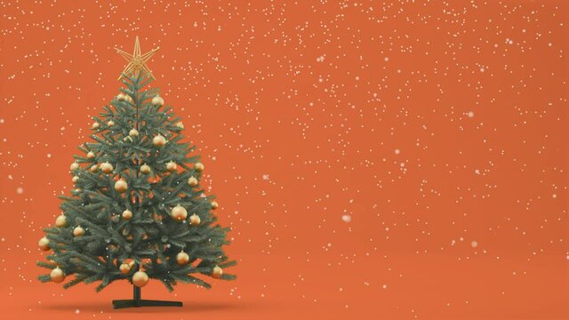 High-quality animation of falling snow. Christmas tree with toys and a star on an orange background. Place for your text. Postcard animation, congratulations. 3d reder animation
