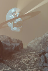 Fantastic illustration of a distant planet subsumed in death. 3d rendering.