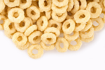 Variety of cold cereals, quick breakfast for kids overhead shot. Quick breakfast. Chocolate balls isolated on a white background. Rings isolated on a white background. 