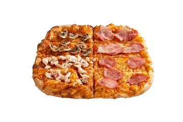 Delicious square shaped italian pizza with ham, sausages, chicken and mushrooms.