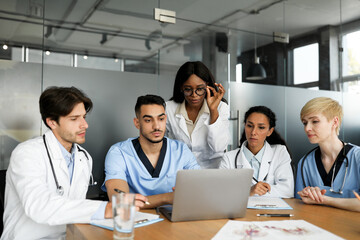 Fototapeta premium Professional team of doctors looking at notebook screen