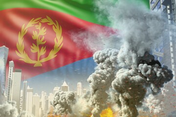 huge smoke pillar with fire in the modern city - concept of industrial explosion or terrorist act on Eritrea flag background, industrial 3D illustration