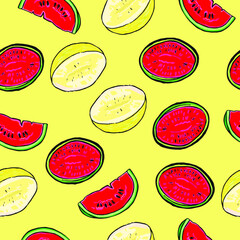 Vector drawn tropic fruits pattern watermelon pale yellow, summer fruits background, juicy cartoon fruits