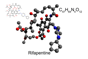 Chemical formula, structural formula and 3D ball-and-stick model of antibiotic rifapentine used for treatment of tuberculosis, white background
