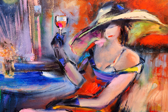 portrait of an attractive girl in a hat sitting with a glass of wine. Drawing with oil paints