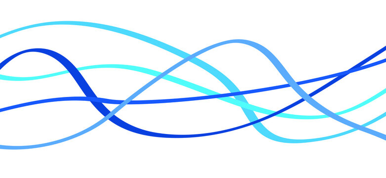 Blue curved wave stripes. Line pattern, waving banner. Vector stripe wave background, Cartoon curve motion. Electric wires lines. Curved wave streak. Wavy line