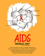 World AIDS Day with hand holding and red ribbon hand drawn style. Vector can be use for poster, campaign and banner