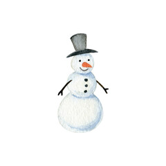Snowman with black hat. Watercolor illustration isolated on white.