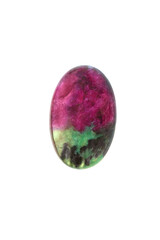 Macro photo of natural Ruby Zoisite polished oval cabochon isolated at white background. Anyolite and Tanganyika artstone. Lithotherapy for heart, root and crown chakras.