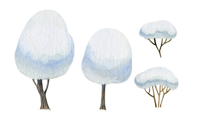 Set of snowy trees, bushes. Watercolor clipart, illustrations isolated on white.