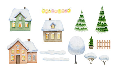 Snowy houses, snowdrifts, garland, fir-tree, snowy trees, bushes, fence. Village, town constructor. Watercolor clipart, elements isolated on white.