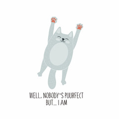 A cute cat lays on the floor and shows his tummy. Sleeping domestic animal. Doodle style. Childish.