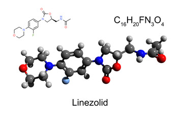Chemical formula, structural formula and 3D ball-and-stick model of synthetic antibiotic linezolid, white background